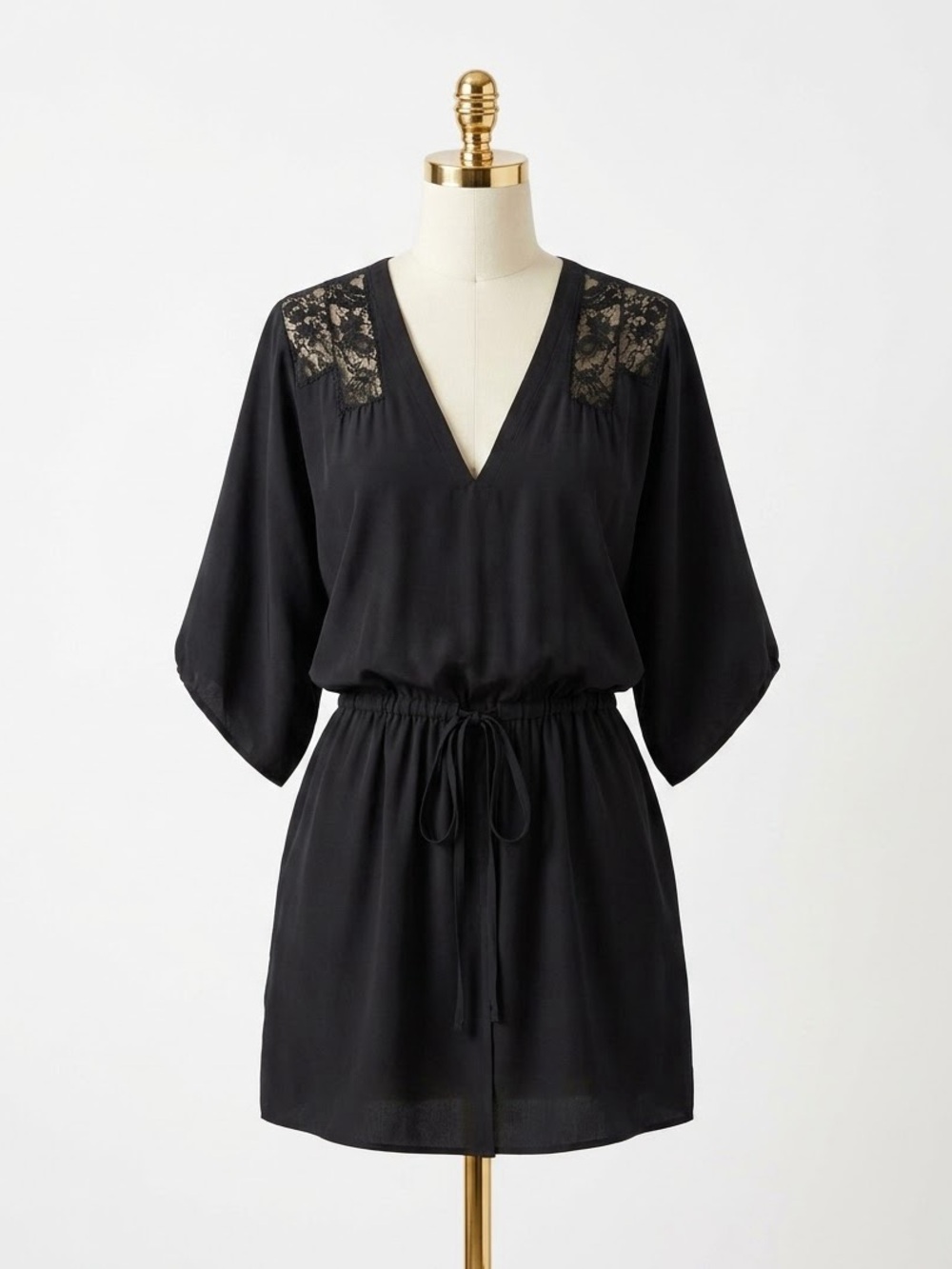 Mason Silk Lace Shoulder Kimono Mini Dress Drawstring Drop Waist Black Boho Sz 4